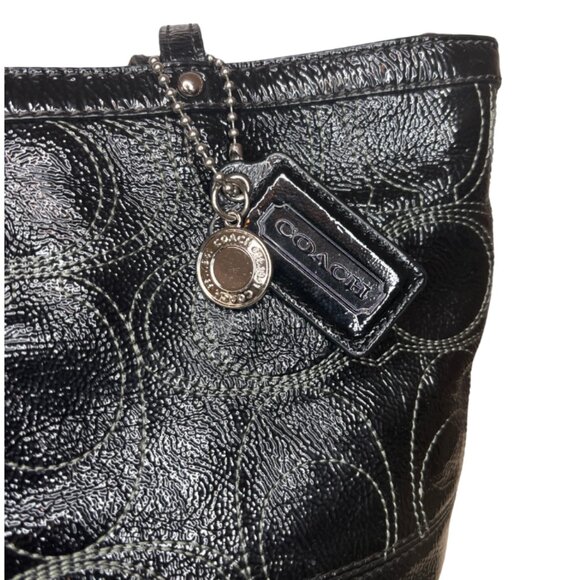 Coach Large Signature Black Patent Leather Shoulder Handbag - Picture 9 of 10